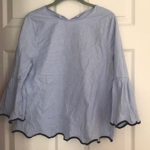 Blue Scallop Bell Sleeve Preppy Blouse